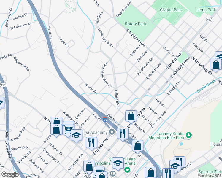 map of restaurants, bars, coffee shops, grocery stores, and more near 507 East 8th Avenue in Johnson City