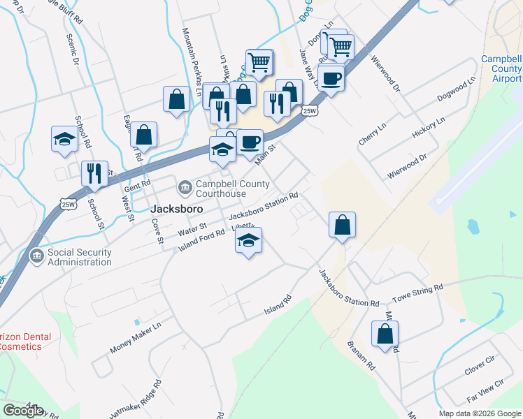 map of restaurants, bars, coffee shops, grocery stores, and more near 235 Jacksboro Station Rd in Jacksboro
