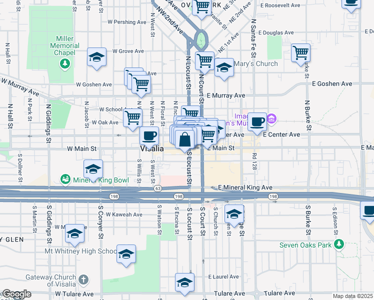 map of restaurants, bars, coffee shops, grocery stores, and more near 205 West Main Street in Visalia