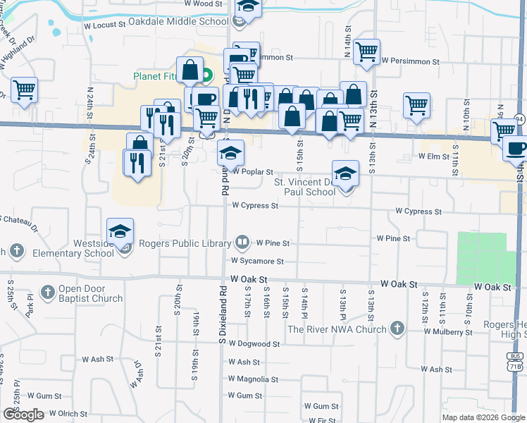 map of restaurants, bars, coffee shops, grocery stores, and more near 1608 W Cypress St in Rogers