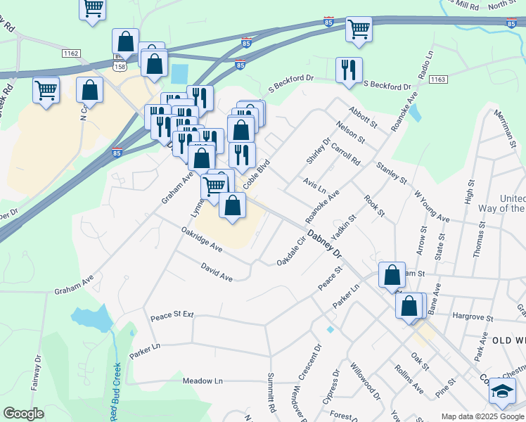map of restaurants, bars, coffee shops, grocery stores, and more near 1201 Dabney Drive in Henderson