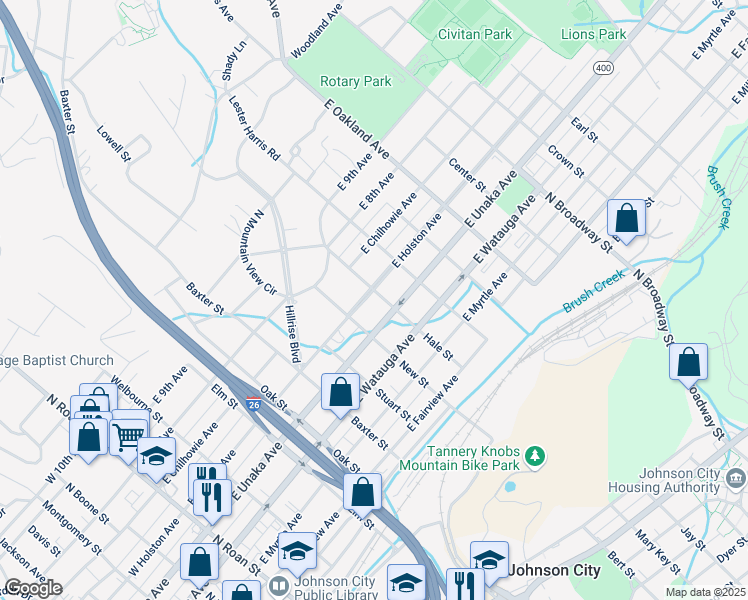map of restaurants, bars, coffee shops, grocery stores, and more near 706 East Holston Avenue in Johnson City