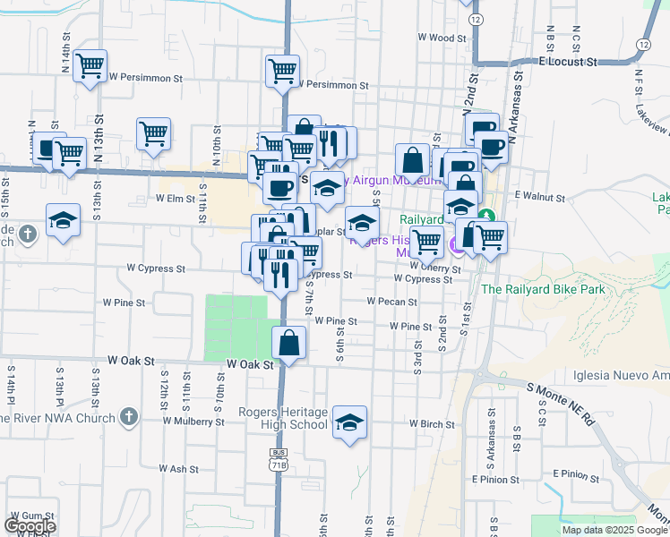 map of restaurants, bars, coffee shops, grocery stores, and more near 420 South 6th Street in Rogers