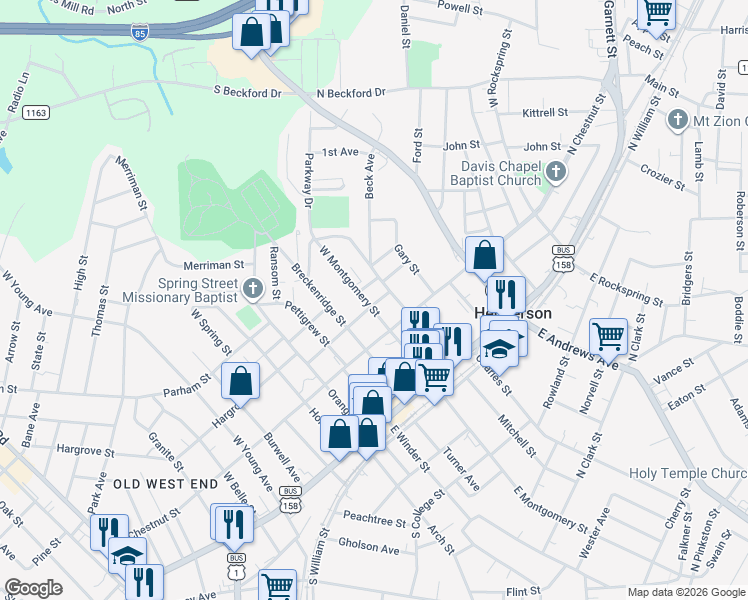 map of restaurants, bars, coffee shops, grocery stores, and more near 129 Walnut Street in Henderson