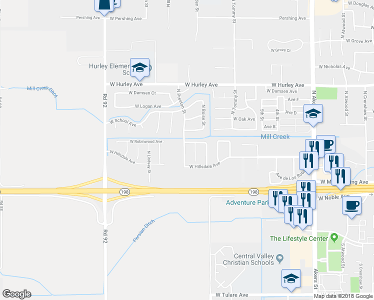 map of restaurants, bars, coffee shops, grocery stores, and more near 158 North Preston Street in Visalia