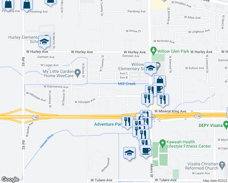 map of restaurants, bars, coffee shops, grocery stores, and more near 135 North Peppertree Street in Visalia