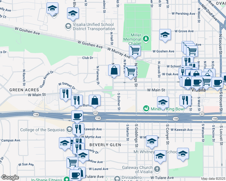 map of restaurants, bars, coffee shops, grocery stores, and more near 1551 West Main Street in Visalia