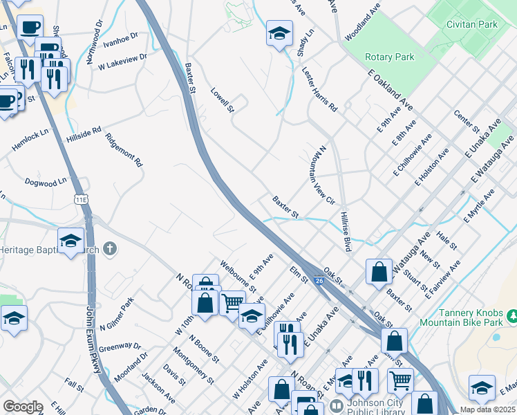 map of restaurants, bars, coffee shops, grocery stores, and more near 1011 Oak Street in Johnson City