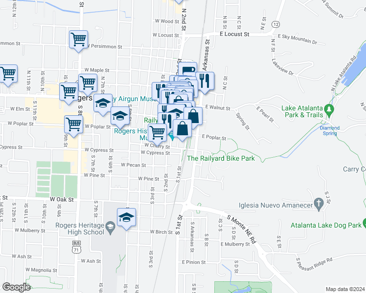 map of restaurants, bars, coffee shops, grocery stores, and more near 112 West Cherry Street in Rogers