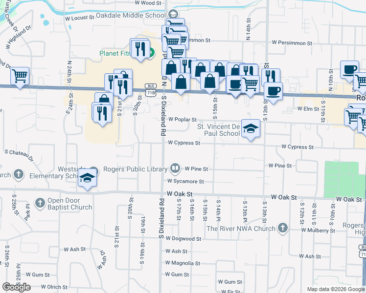 map of restaurants, bars, coffee shops, grocery stores, and more near 1608 West Cypress Street in Rogers