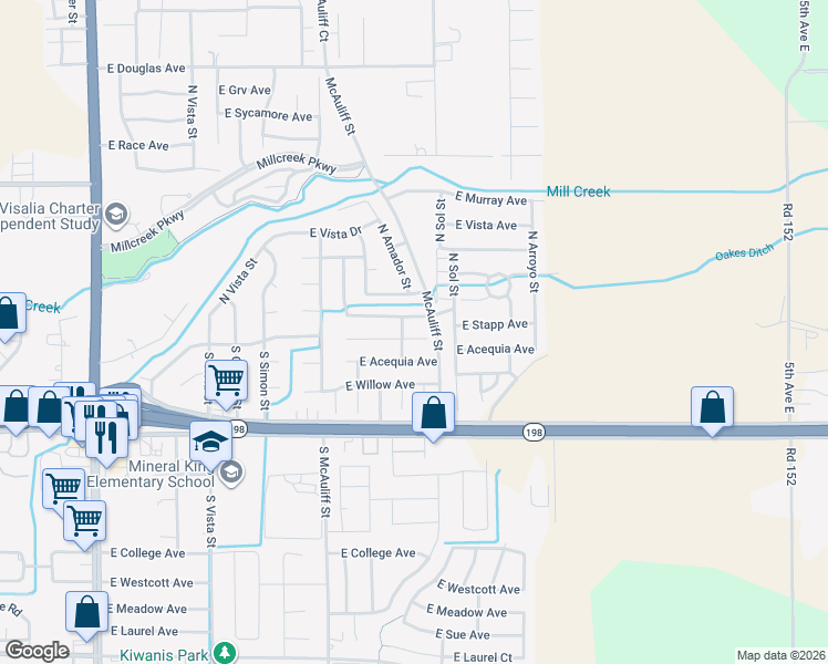 map of restaurants, bars, coffee shops, grocery stores, and more near 4014 East Stapp Court in Visalia