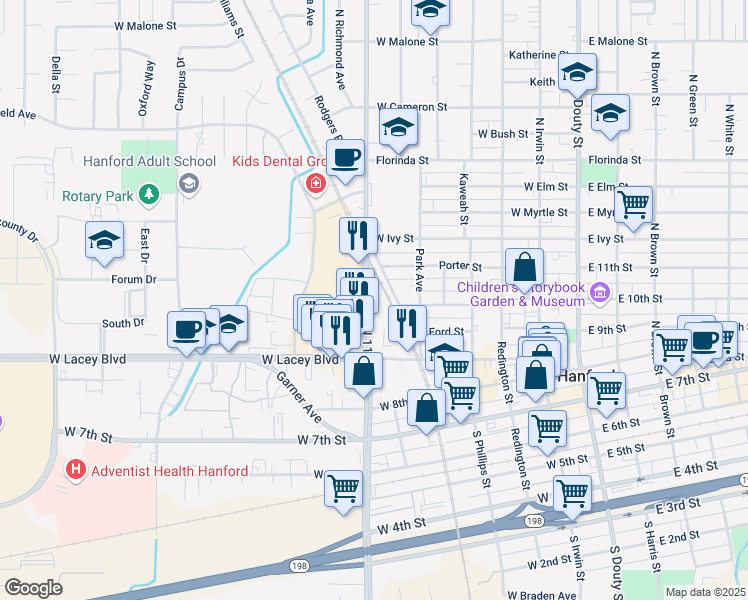 map of restaurants, bars, coffee shops, grocery stores, and more near 515 N 11th Ave in Hanford