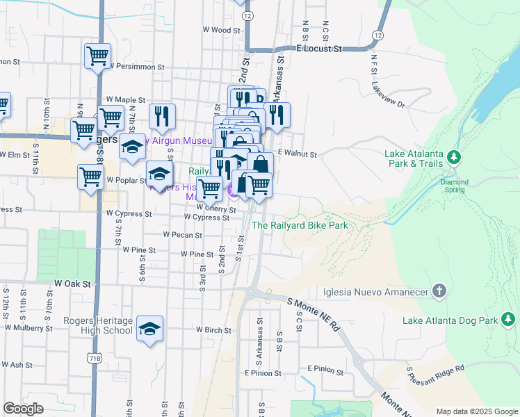 map of restaurants, bars, coffee shops, grocery stores, and more near 101 East Cherry Street in Rogers