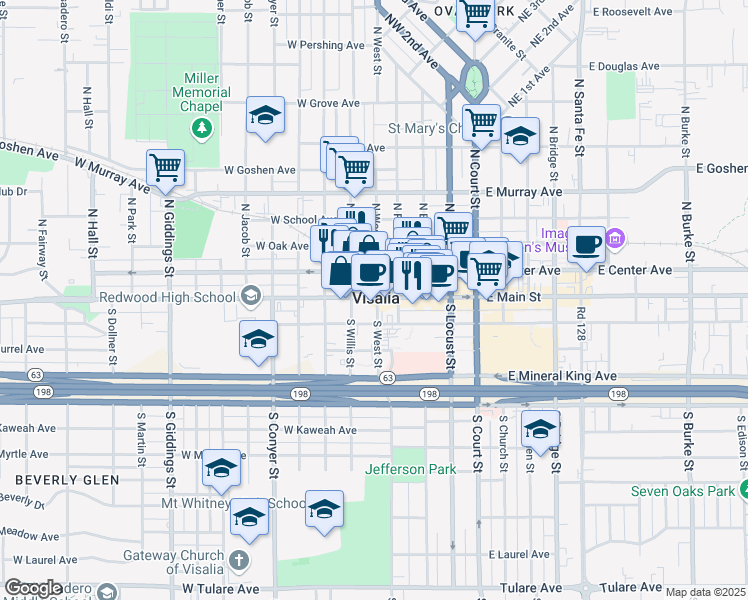 map of restaurants, bars, coffee shops, grocery stores, and more near 501 West Main Street in Visalia