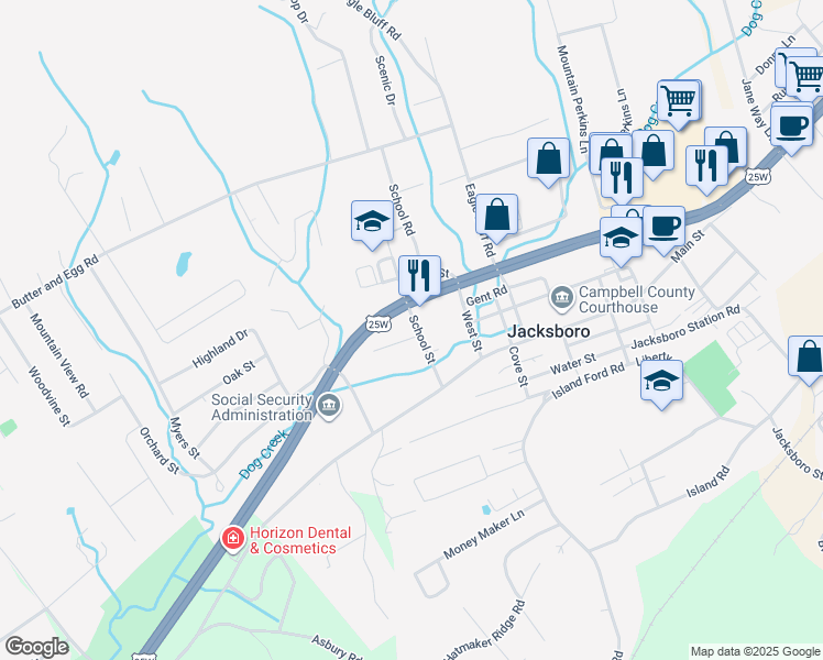 map of restaurants, bars, coffee shops, grocery stores, and more near 122 School St in Jacksboro