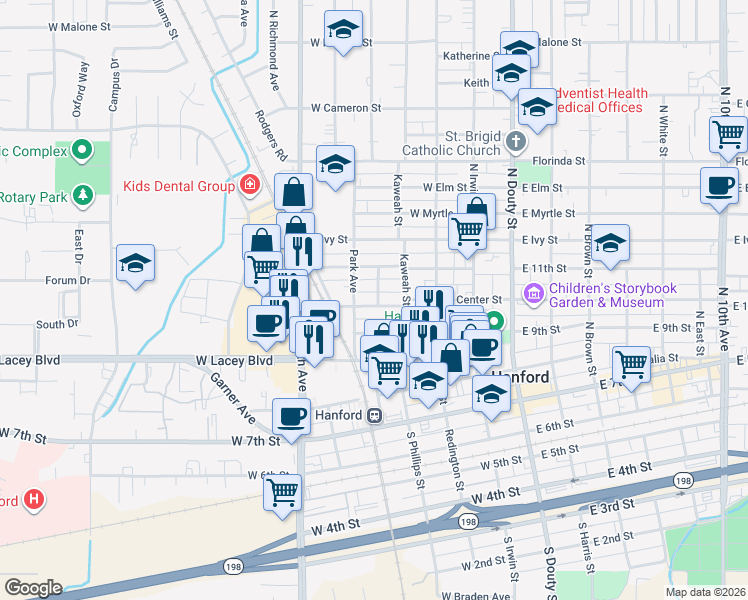 map of restaurants, bars, coffee shops, grocery stores, and more near 420 Central Avenue in Hanford