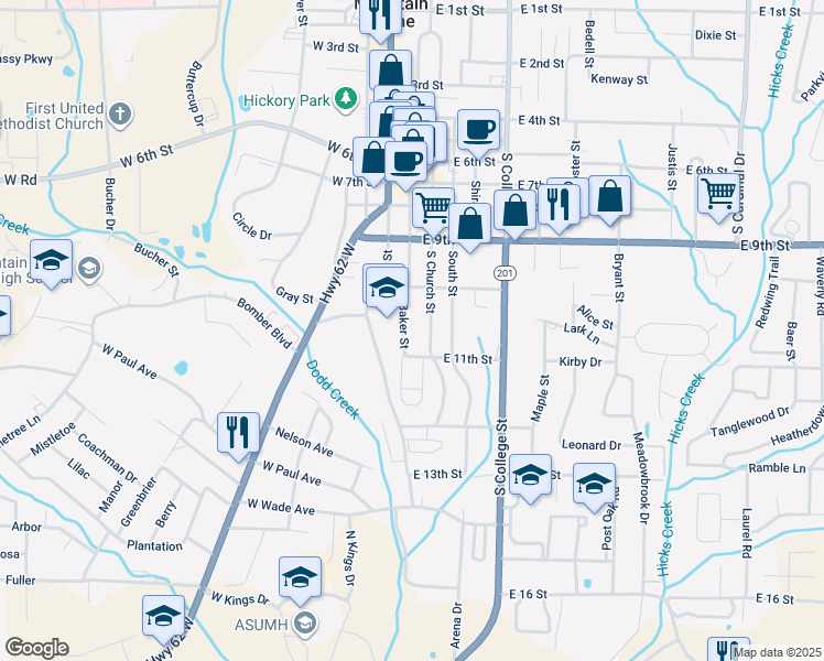 map of restaurants, bars, coffee shops, grocery stores, and more near 1035 South Baker Street in Mountain Home