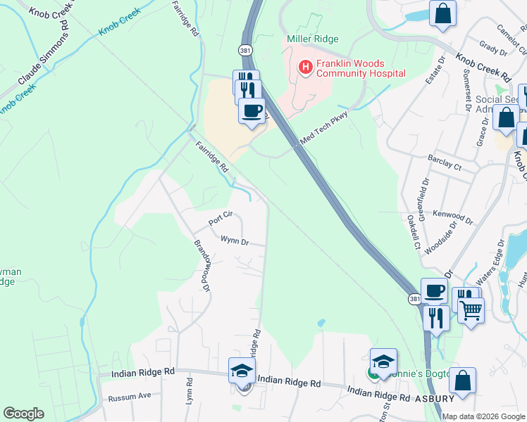 map of restaurants, bars, coffee shops, grocery stores, and more near 249 Fairridge Road in Johnson City