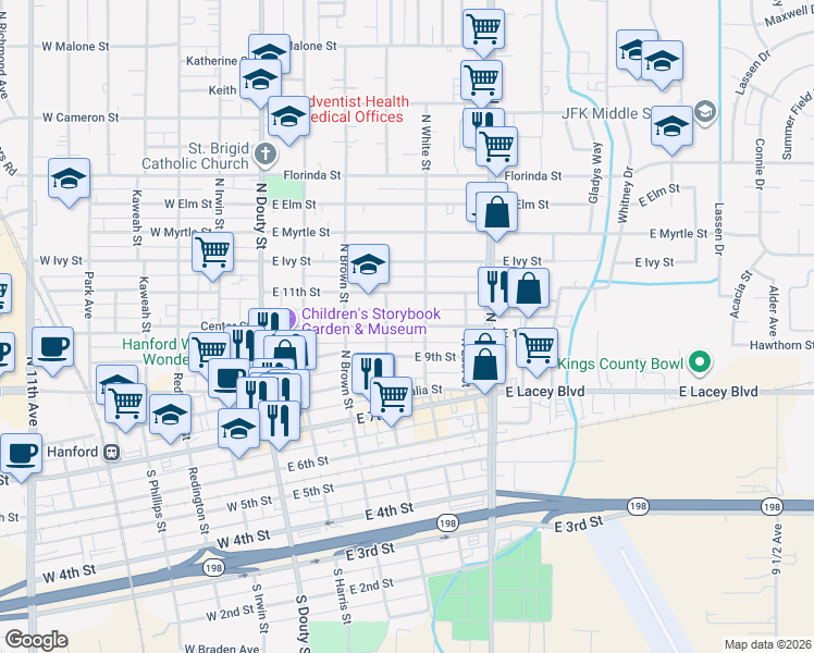 map of restaurants, bars, coffee shops, grocery stores, and more near in Hanford