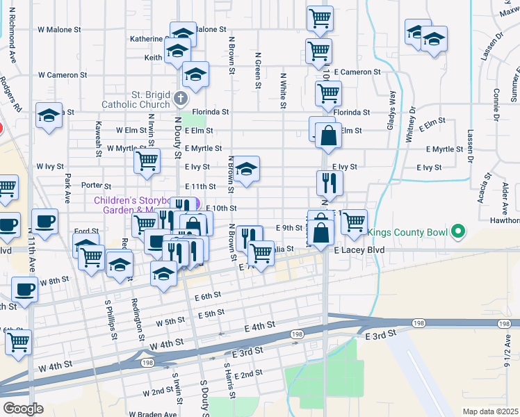 map of restaurants, bars, coffee shops, grocery stores, and more near 325 East 10th Street in Hanford