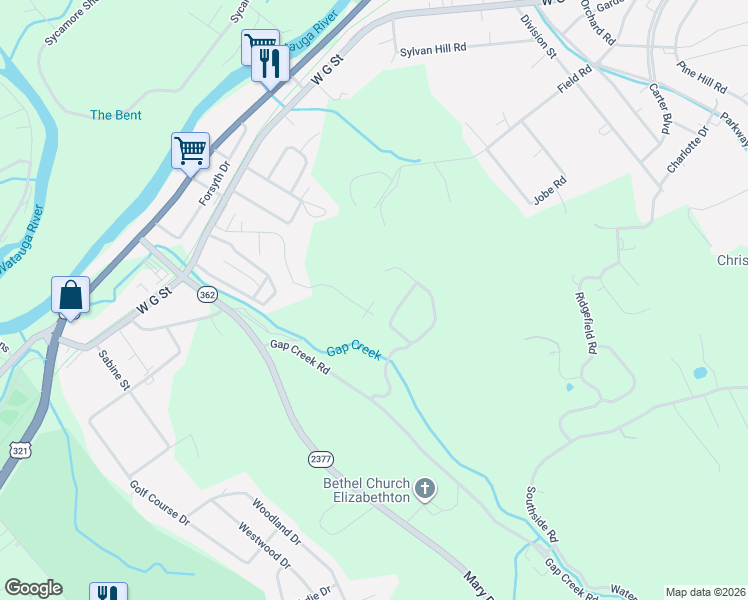 map of restaurants, bars, coffee shops, grocery stores, and more near 136 Stonebrook Loop in Elizabethton
