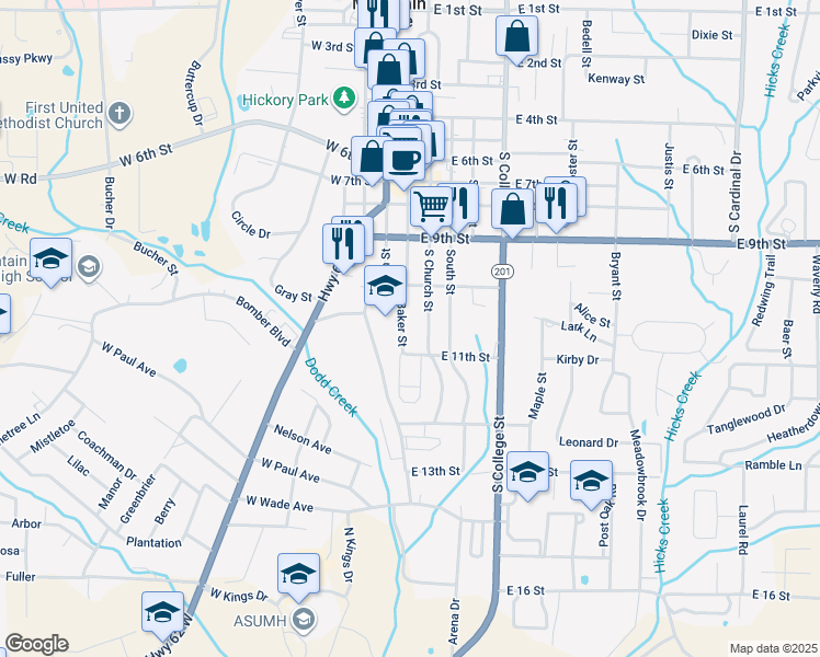 map of restaurants, bars, coffee shops, grocery stores, and more near 1035 South Baker Street in Mountain Home