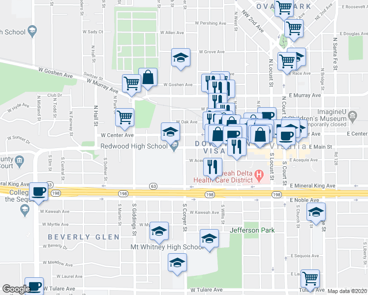 map of restaurants, bars, coffee shops, grocery stores, and more near 2 North Conyer Street in Visalia