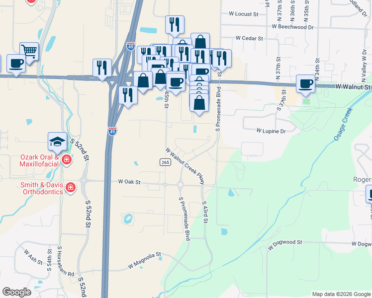 map of restaurants, bars, coffee shops, grocery stores, and more near 600 South Promenade Boulevard in Rogers