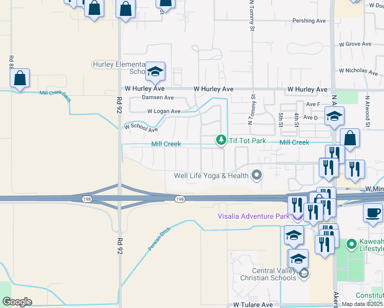 map of restaurants, bars, coffee shops, grocery stores, and more near 158 North Preston Street in Visalia