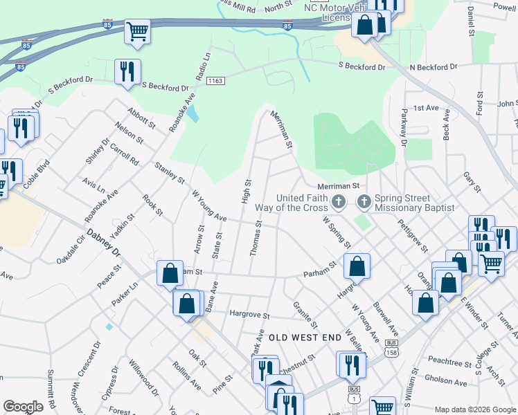 map of restaurants, bars, coffee shops, grocery stores, and more near 596 Thomas Street in Henderson