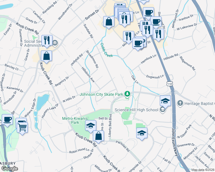 map of restaurants, bars, coffee shops, grocery stores, and more near 609 North Hills Drive in Johnson City