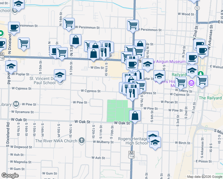 map of restaurants, bars, coffee shops, grocery stores, and more near 1013 West Cypress Street in Rogers