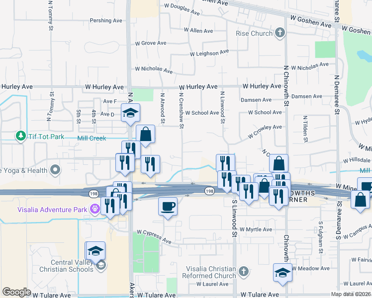 map of restaurants, bars, coffee shops, grocery stores, and more near 4822 West Robinwood Court in Visalia