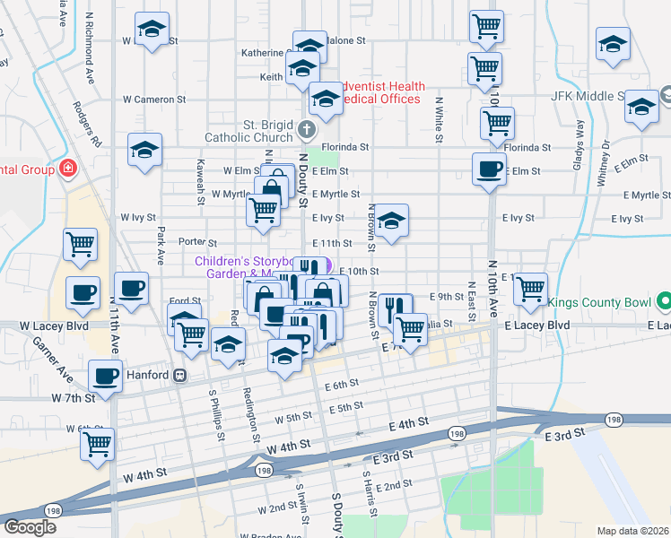 map of restaurants, bars, coffee shops, grocery stores, and more near 201 East 10th Street in Hanford
