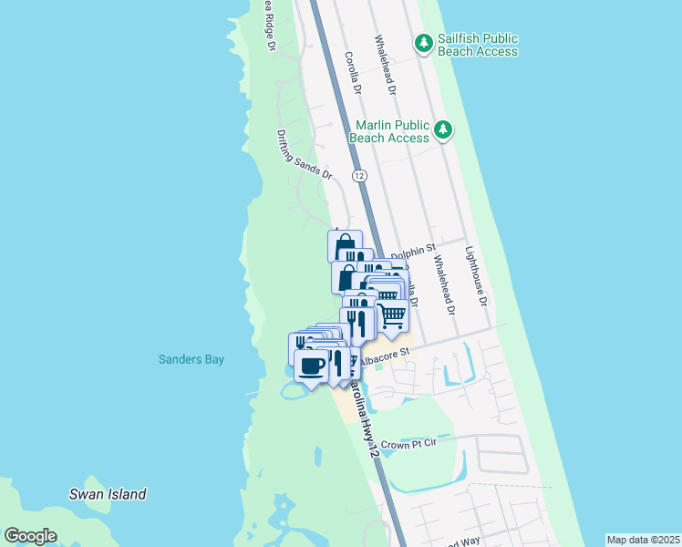 map of restaurants, bars, coffee shops, grocery stores, and more near 817M Caroline Court in Corolla
