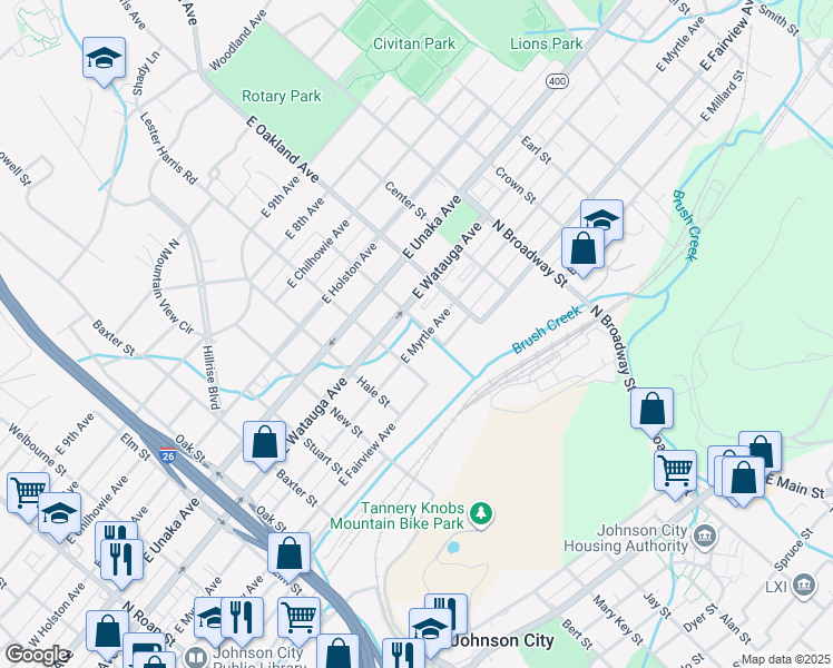 map of restaurants, bars, coffee shops, grocery stores, and more near 914 East Myrtle Avenue in Johnson City