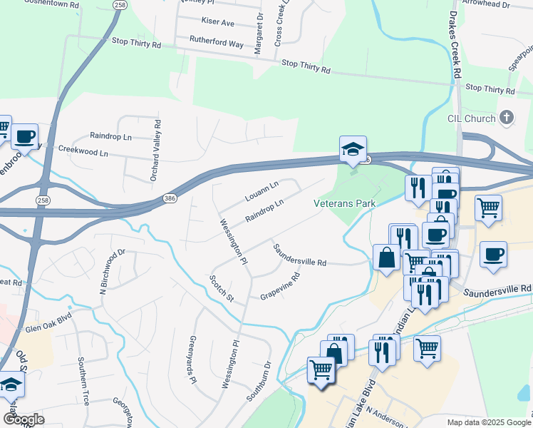 map of restaurants, bars, coffee shops, grocery stores, and more near 110 Raindrop Lane in Hendersonville