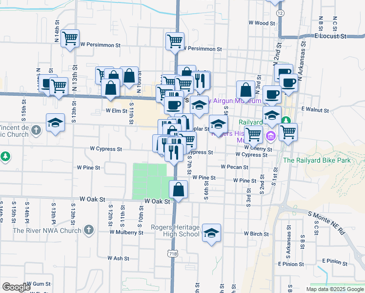 map of restaurants, bars, coffee shops, grocery stores, and more near 409 South 8th Street in Rogers