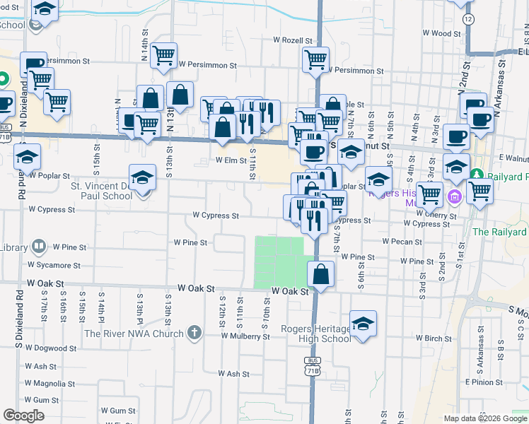 map of restaurants, bars, coffee shops, grocery stores, and more near 1013 West Cypress Street in Rogers