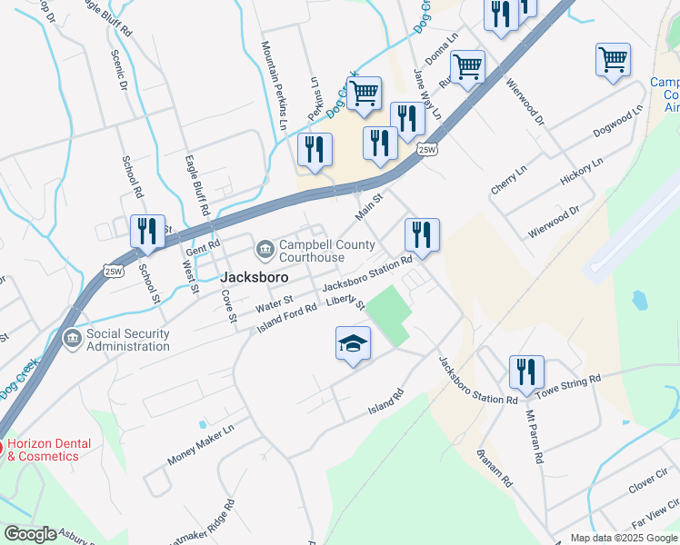map of restaurants, bars, coffee shops, grocery stores, and more near 128 Broad Street in Jacksboro