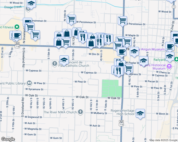 map of restaurants, bars, coffee shops, grocery stores, and more near 322 South 11th Place in Rogers