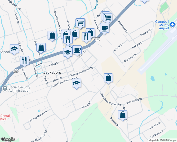map of restaurants, bars, coffee shops, grocery stores, and more near 196 Jacksboro Station Road in Jacksboro