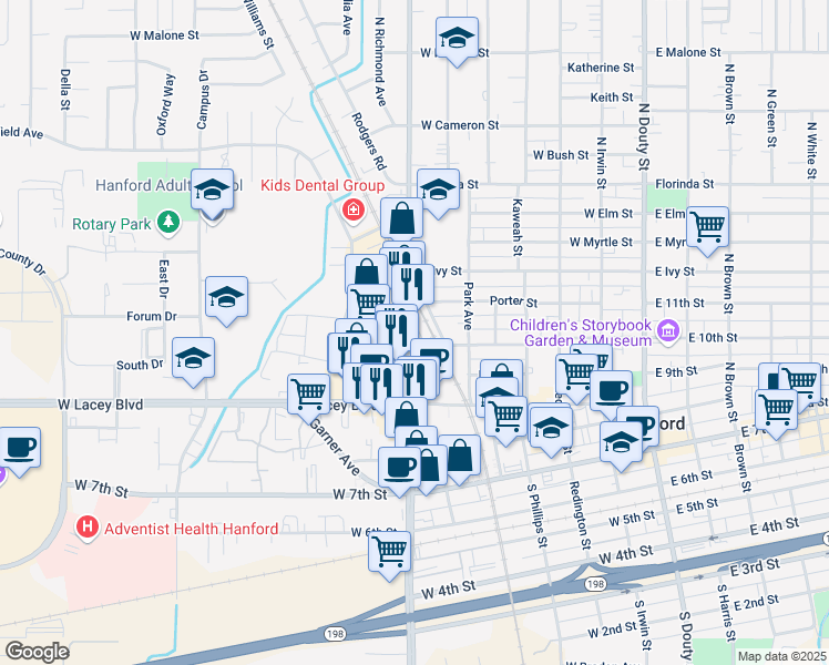 map of restaurants, bars, coffee shops, grocery stores, and more near 515 N 11th Ave in Hanford