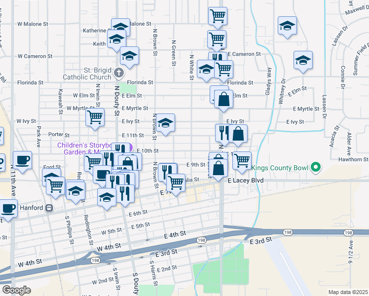 map of restaurants, bars, coffee shops, grocery stores, and more near 418 East 10th Street in Hanford