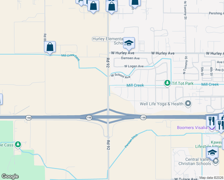 map of restaurants, bars, coffee shops, grocery stores, and more near N Shirk Rd in Visalia
