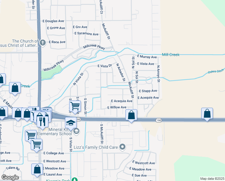 map of restaurants, bars, coffee shops, grocery stores, and more near 3839 East Center Avenue in Visalia