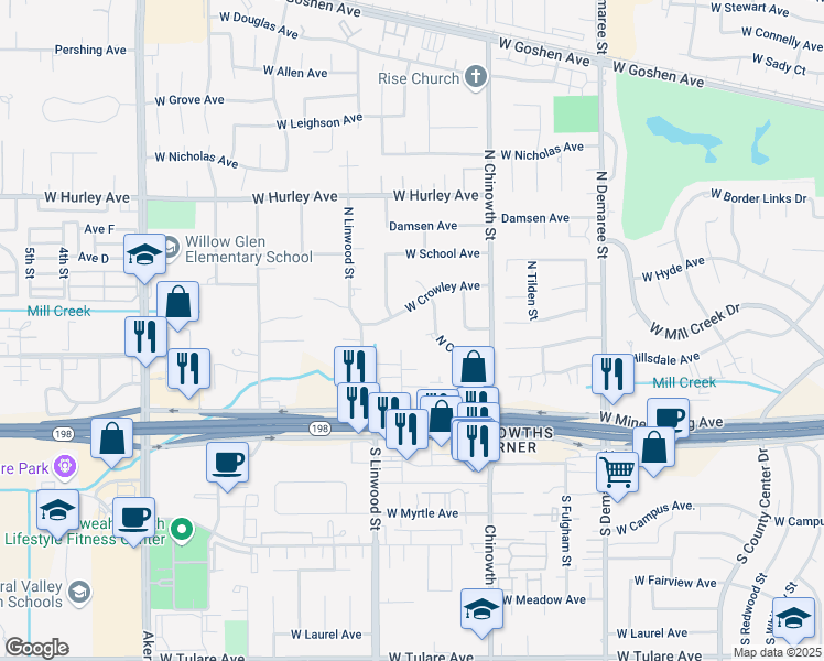 map of restaurants, bars, coffee shops, grocery stores, and more near 145 North Carl Drive in Visalia