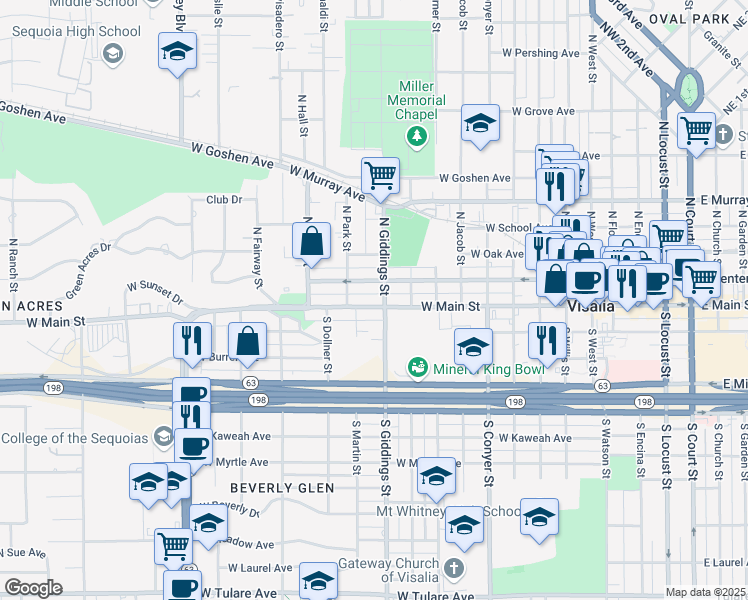 map of restaurants, bars, coffee shops, grocery stores, and more near 201-299 S Giddings St in Visalia