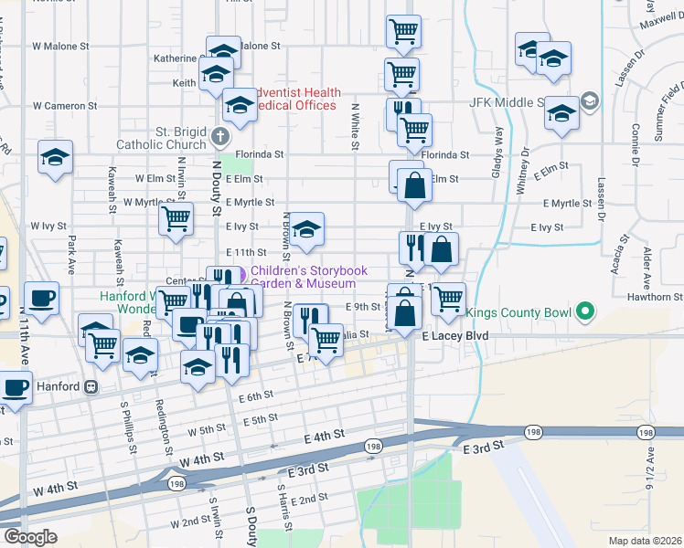 map of restaurants, bars, coffee shops, grocery stores, and more near 418 East 10th Street in Hanford