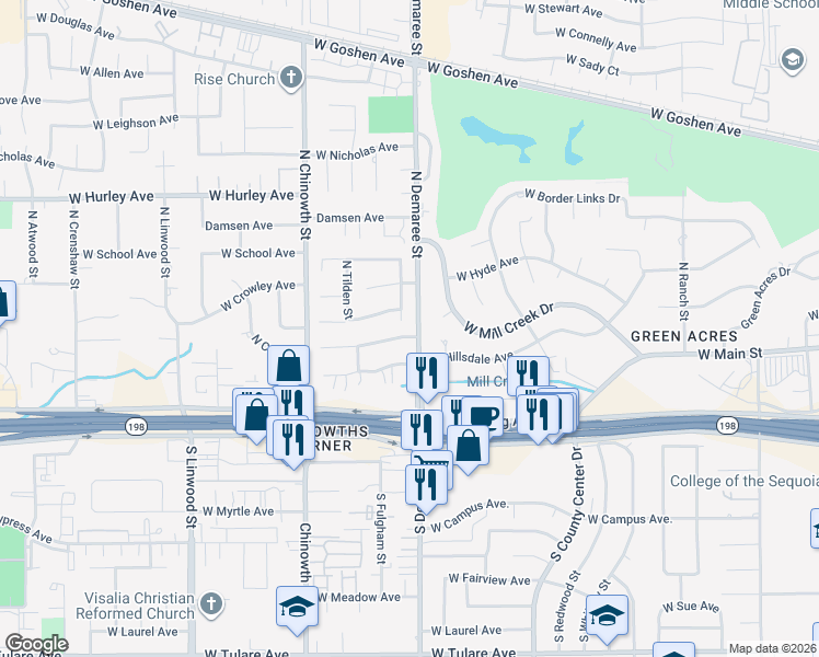 map of restaurants, bars, coffee shops, grocery stores, and more near 3717-3735 West Woodside Avenue in Visalia